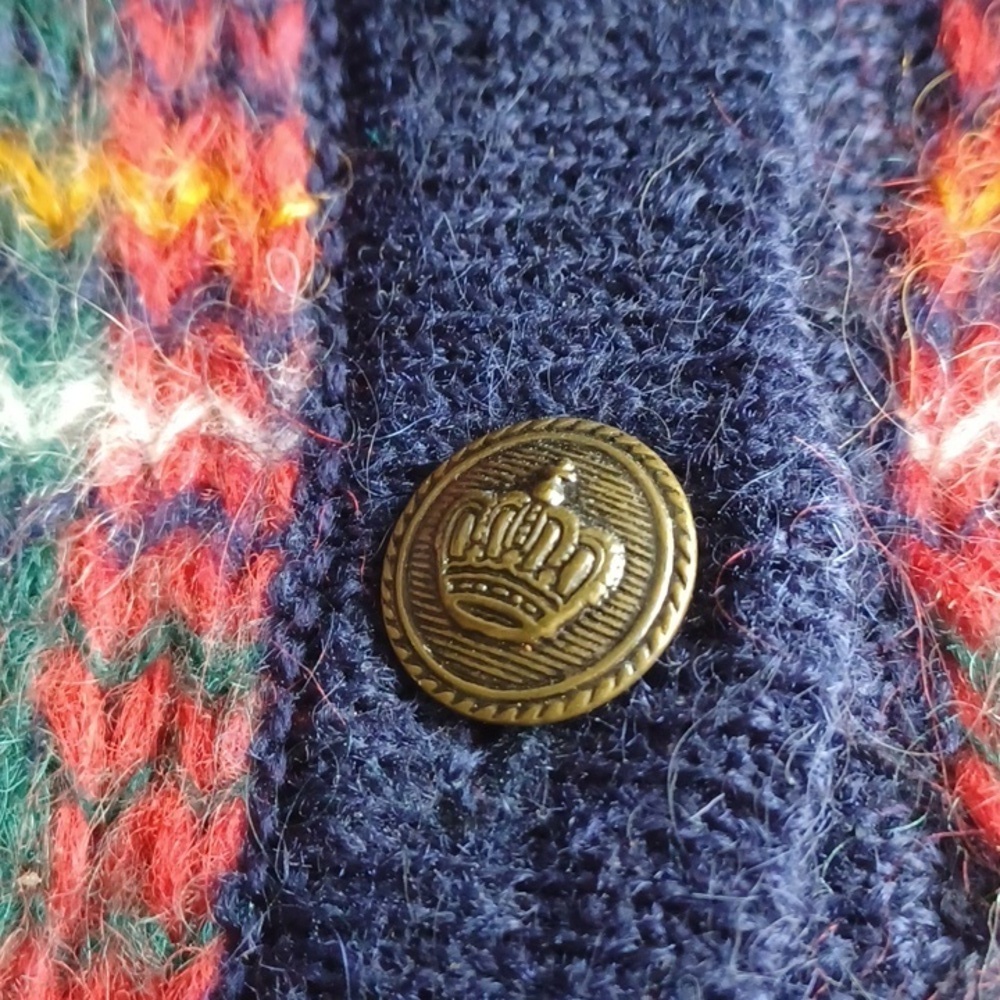 Vintage Cape Isle Plaid Mohair Blend Knit Cardigan - Navy / Red green, 24”PTP - Picture 7 of 8